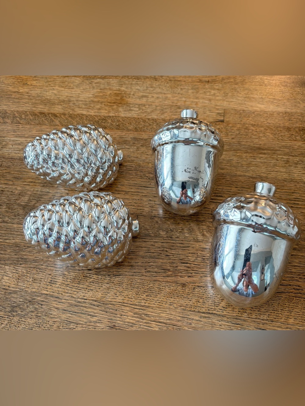 Set of 4 Decorative Silver Tone (mercury glass?)Acorns and Pinecones